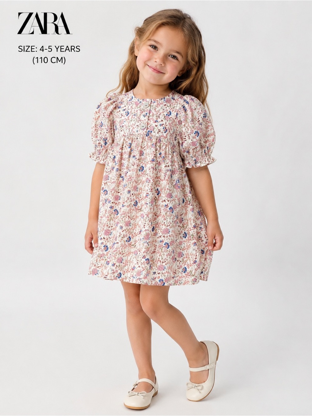 Zara Girls Floral Puff Sleeve Dress Size 4–5 Years (110 cm) 100% Cotton